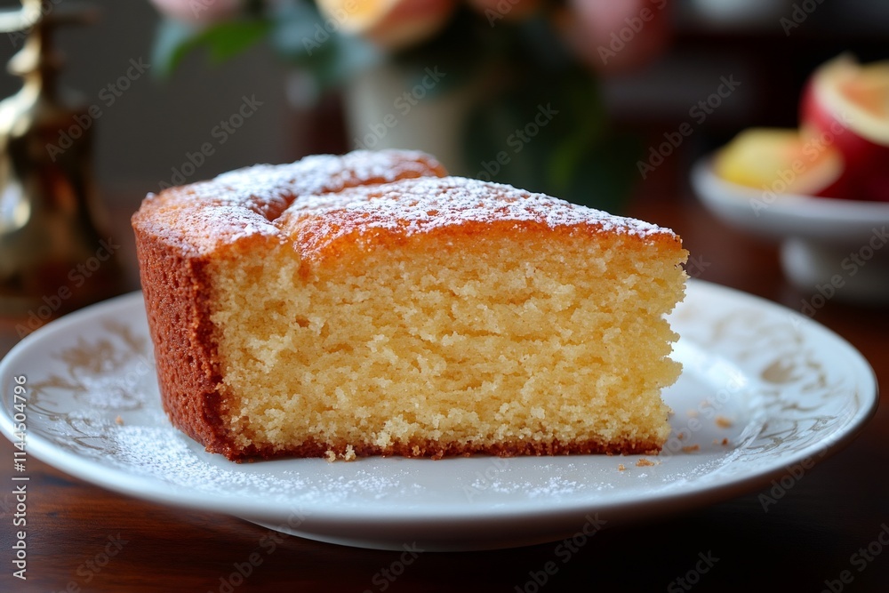 Close-up of a slice of homemade sponge cake with icing sugar, ready to be enjoyed Close-up of a slice of homemade sponge cake with icing sugar, ready to be enjoyed