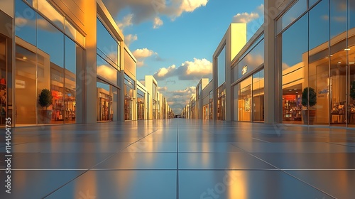 Warm Sunset at Modern Shopping Corridor with Reflective Glass Storefronts : Generative AI