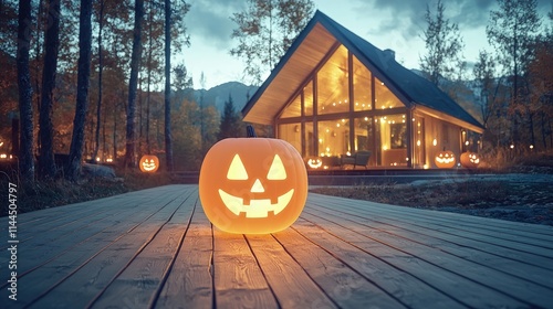 Illuminated Jack-o'-lantern on wooden deck, modern cabin background. photo