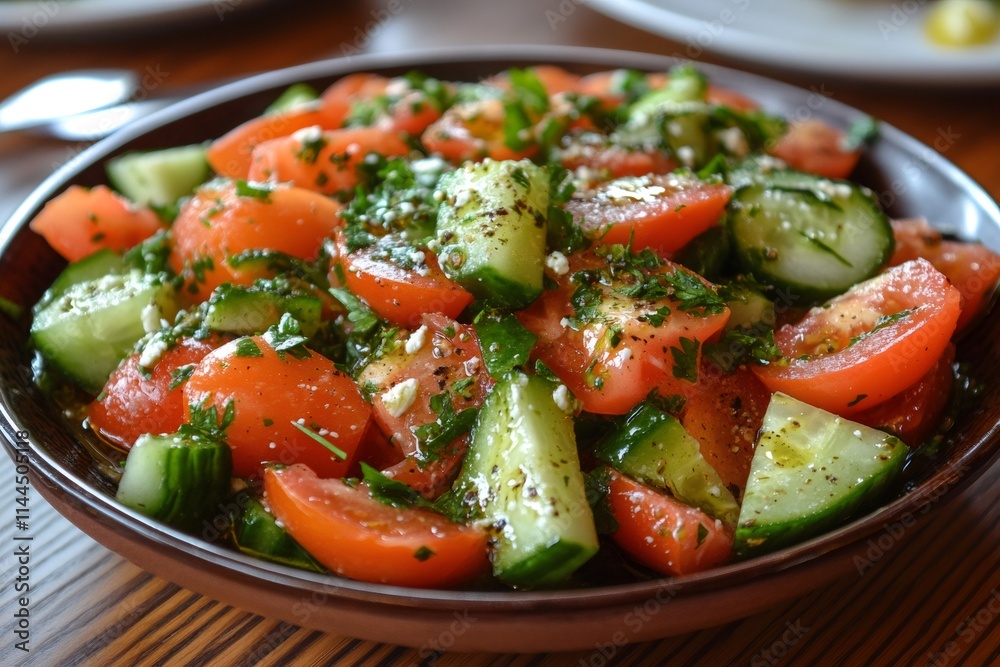 Fresh tomato and cucumber salad sprinkled with herbs and spices in rustic bowl Fresh tomato and cucumber salad sprinkled with herbs and spices in rustic bowl