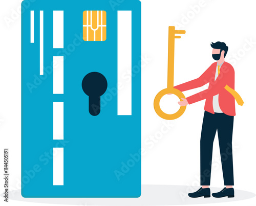 A man pulls a key from a credit card, an illustration of credit card fraud.
