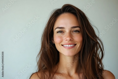 Beautiful smiling woman with freckles showing perfect teeth