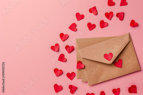 Love Letter on a Romantic Pink Background with Red Heart Confetti