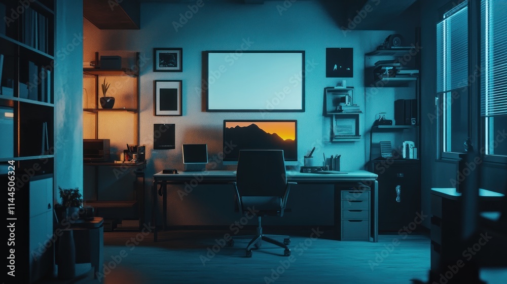 Modern home office at night, illuminated with blue and orange light, featuring a desk, computer, chair, shelves, and wall decor. Modern home office at night, illuminated with blue and orange light, featuring a desk, computer, chair, shelves, and wall decor.