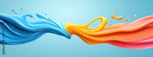 Vibrant Color Splash with Fluid Blue and Orange Paint Mixing on Soft Blue Background for Creative and Artistic Concepts