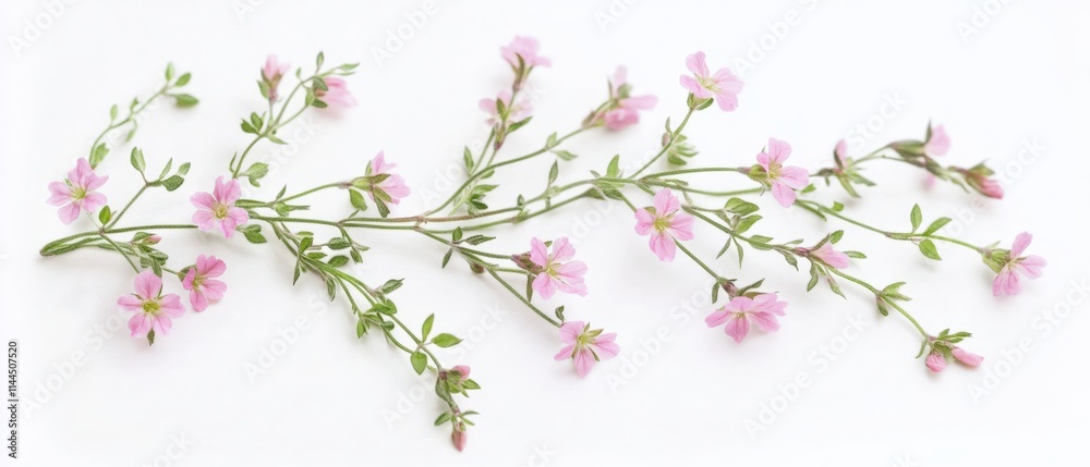 Fototapeta premium Pink flowers with green leaves on white background
