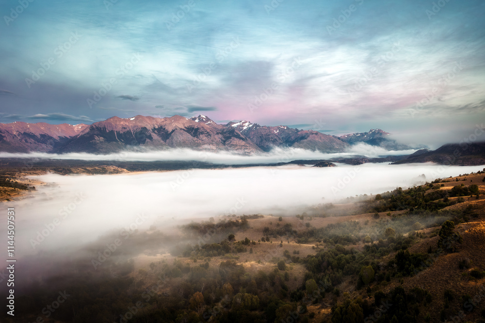 Fototapeta premium Sunrise and Morning Mist in Esquel Argentina