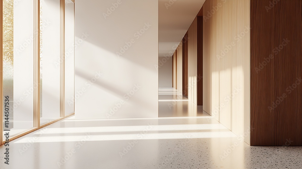 Obraz premium Sunlit Minimalist Hallway with Wooden Accents and Large Windows for Modern Architecture Theme : Generative AI
