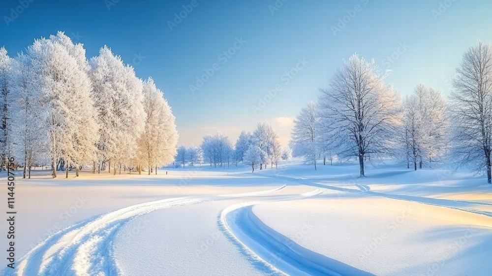 Fototapeta premium A serene winter landscape featuring snow-covered trees and a clear blue sky, creating a tranquil and picturesque scene