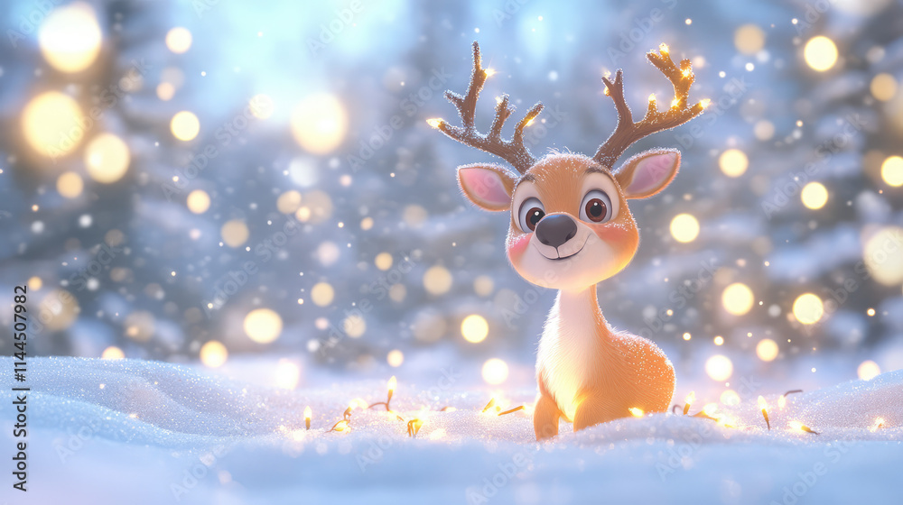 A cheerful 3D pastel reindeer with big, bright eyes tosses snow into the air, twinkling stars adding a magical touch to the scene. A cheerful 3D pastel reindeer with big, bright eyes tosses snow into the air, twinkling stars adding a magical touch to the scene.