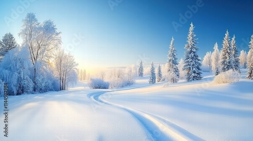 A serene winter landscape featuring snow-covered trees and a clear blue sky, creating a tranquil and picturesque scene