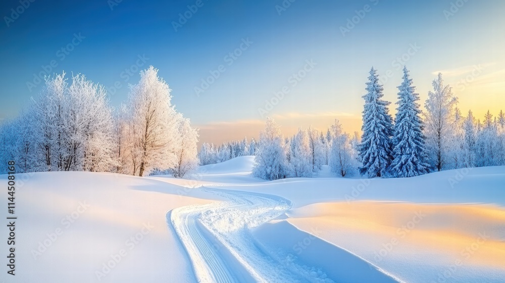 A serene winter landscape featuring snow-covered trees and a clear blue sky, creating a tranquil and picturesque scene A serene winter landscape featuring snow-covered trees and a clear blue sky, creating a tranquil and picturesque scene
