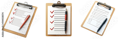 Set of A 3D rendering of a clipboard with a checklist paper note icon on transparent png background