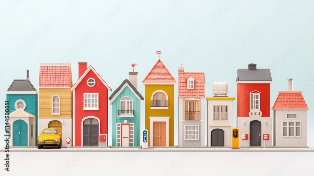real estate sustainability concept Colorful miniature houses lined up on a shelf against a light background. real estate sustainability concept Colorful miniature houses lined up on a shelf against a light background.