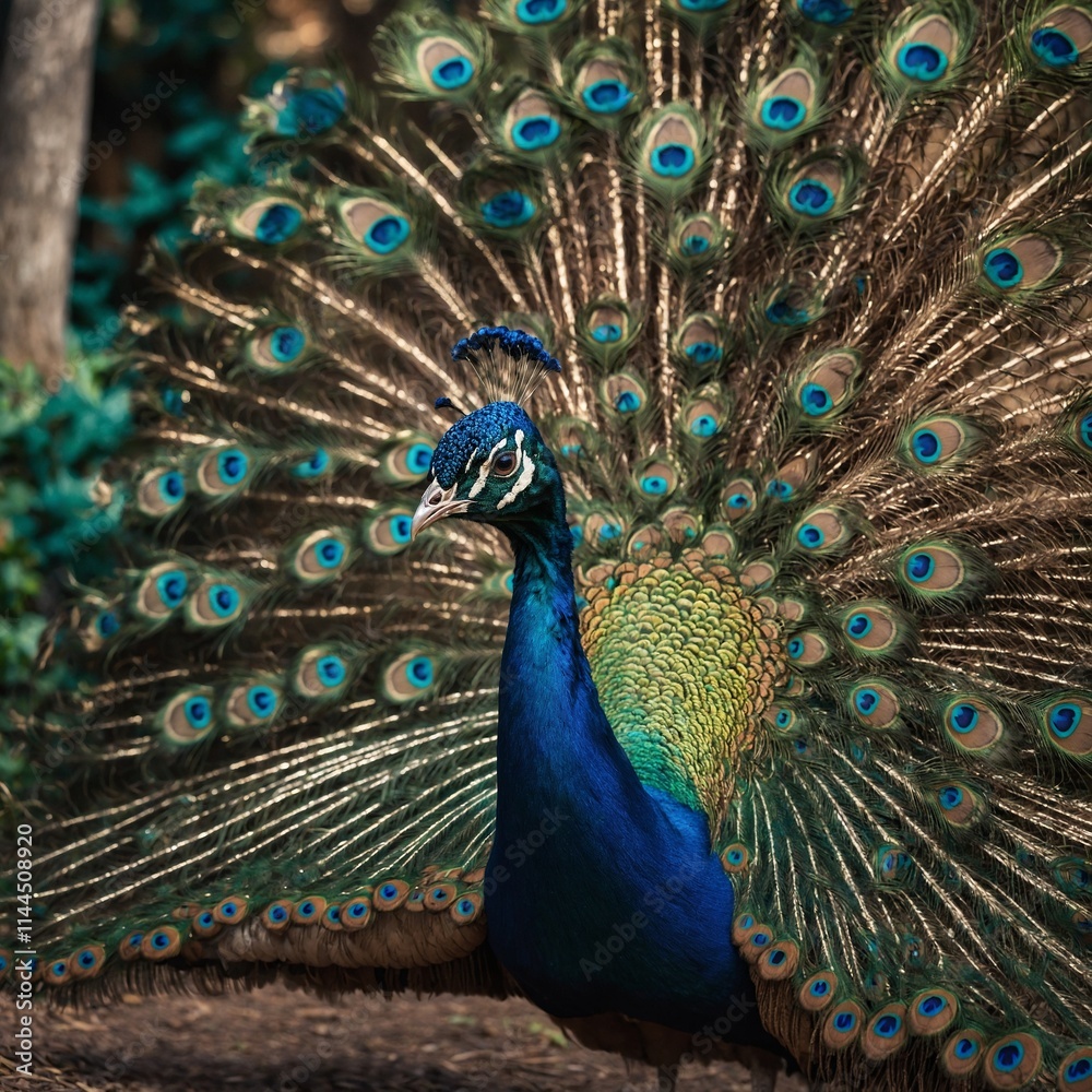Obraz premium A peacock displaying its feathers in a sparkling magical garden.