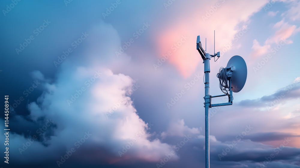Communication tower against a dramatic sky at dusk showcasing technology and nature's beauty Communication tower against a dramatic sky at dusk showcasing technology and nature's beauty