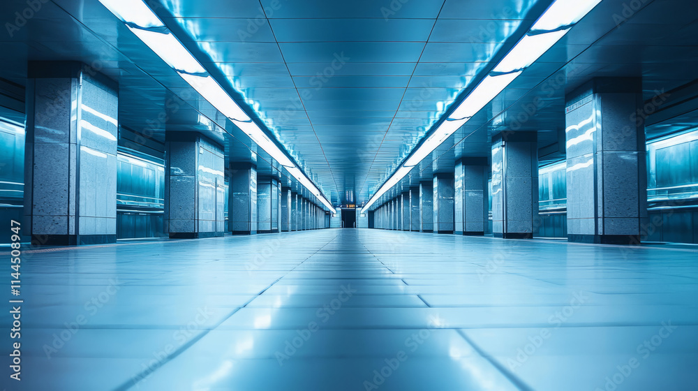 Obraz premium Futuristic empty subway platform with glowing blue lights