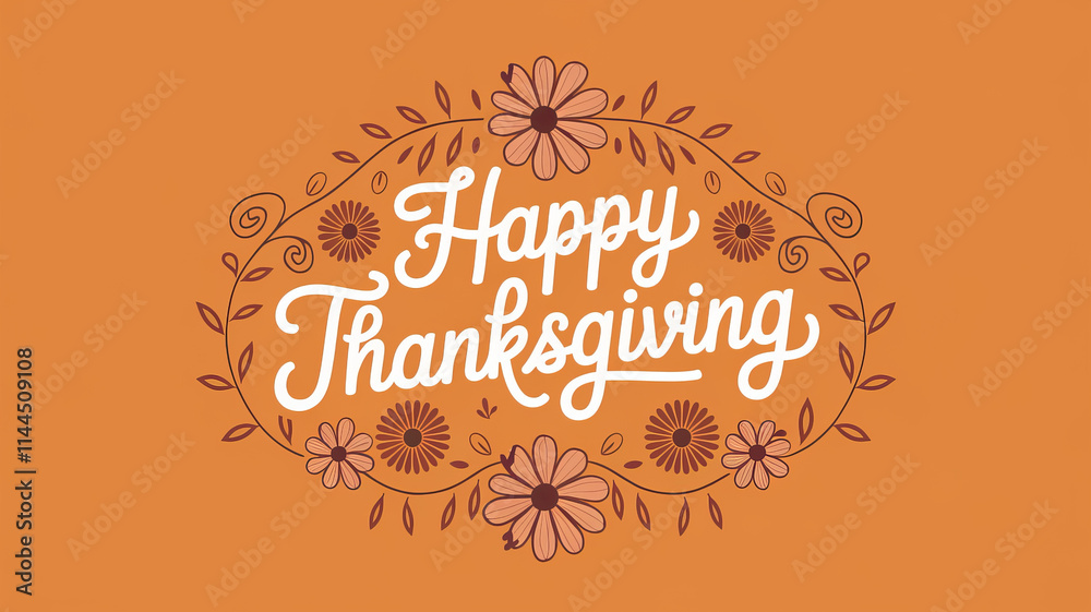 Floral wreath with white Happy Thanksgiving lettering on an orange background.. Floral wreath with white Happy Thanksgiving lettering on an orange background..