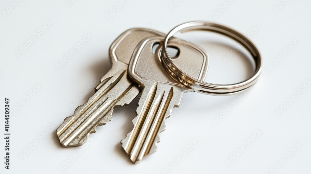two metal keys on a key ring against a white background two metal keys on a key ring against a white background