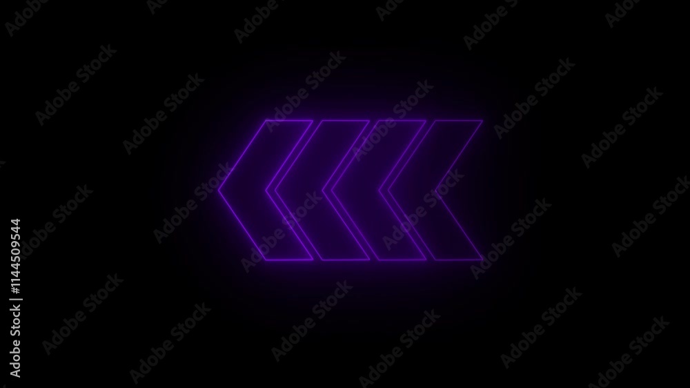 Abstract set of glowing neon arrows. left side arrow rendering. Abstract neon arrow loading animation. Neon arrow sign animation on black background.