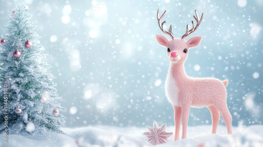 A cute deer stands in front of a Christmas tree, surrounded by snow A cute deer stands in front of a Christmas tree, surrounded by snow