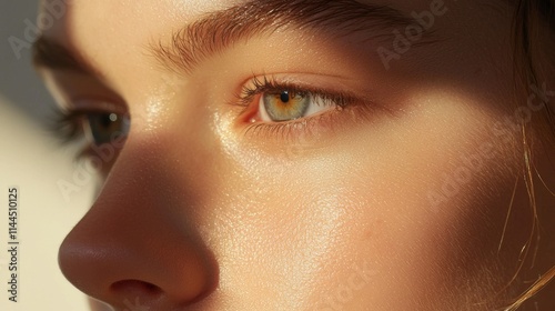 A close-up of a person's face, highlighting striking green eyes and smooth skin illuminated by soft natural light.