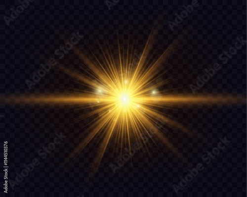 Glowing golden light burst with lens flare and bokeh effects on a dark background. Radiant starburst suitable for festive, cosmic, or energy-themed designs.
 photo