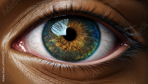 A stunning hyper realistic closeup image of a beautiful human eye, with a vibrant, radiant iris. photo