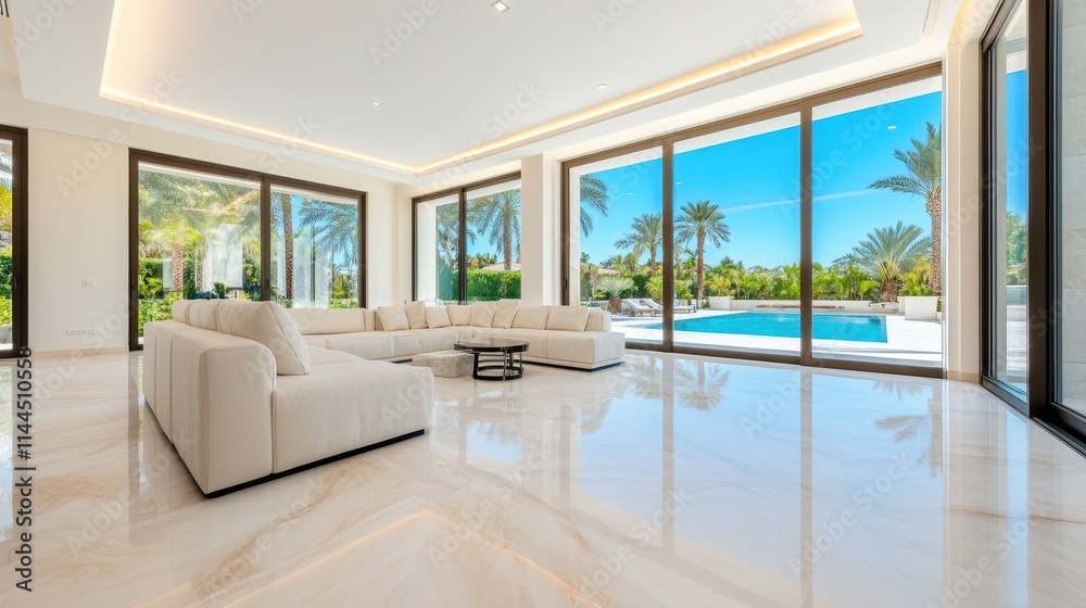 Fototapeta premium Elegant Modern Living Room with Large Windows and Pool View