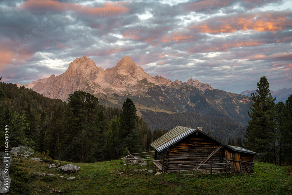 Sunset over Mountain Lakes with Hut
