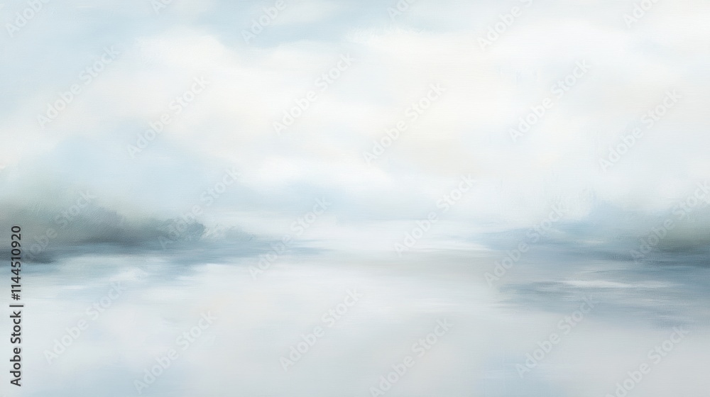 Obraz premium Soft gradients of pale gray, sky blue, and white blend seamlessly to depict serene morning fog gently rolling over tranquil hills, evoking a sense of calm and stillness in nature.