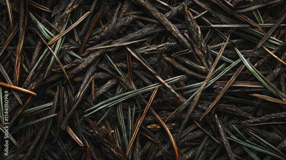Close-up of pine needles and dark twigs intertwined in a textured arrangement, showcasing earthy tones and natural patterns, great for forestry and eco-themes.. AI Generation Close-up of pine needles and dark twigs intertwined in a textured arrangement, showcasing earthy tones and natural patterns, great for forestry and eco-themes.. AI Generation