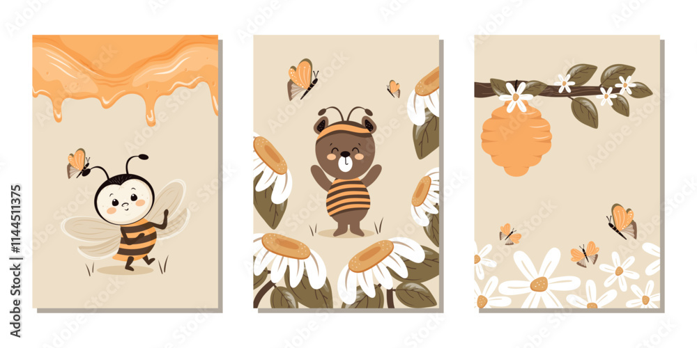 Fototapeta premium A set of children's templates for postcards, covers, banners, posters with a bee, a bear, flowers and beekeeping elements. Vector design