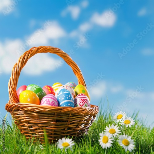 Colorful decorated eggs in a wicker basket placed on green grass with daisies...