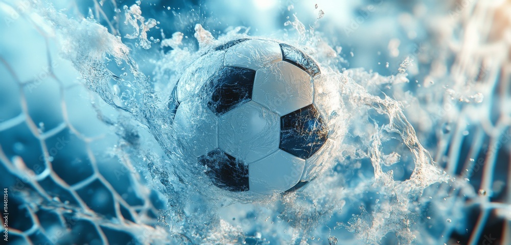 Naklejka premium Soccer ball splashes through water droplets creating dynamic visual effect during playful summer sports