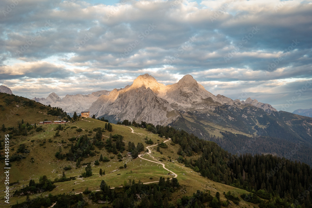 Sunset over Mountain Lakes with Hut