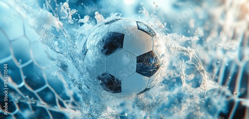 Soccer ball splashes through water droplets creating dynamic visual effect du...