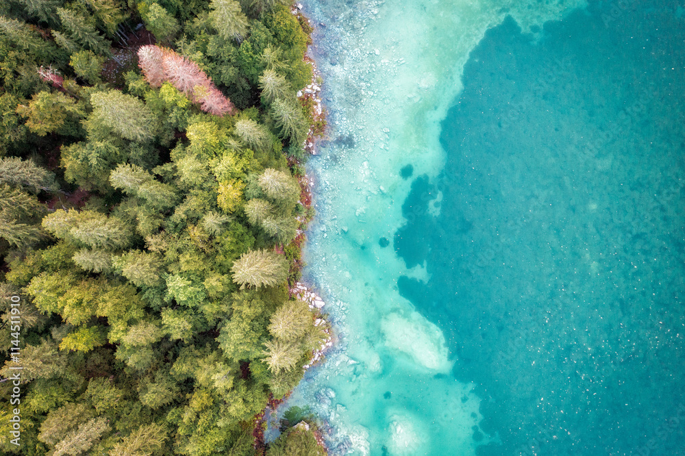 Top Down View of Mountain Lake in the Dolomites, Italy