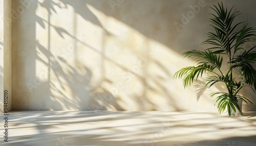 Natural light casts beautiful shadows on a textured wall and a green plant en...