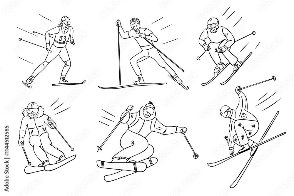 Obraz premium Hand drawn contour drawings set of skiing illustrations with skiers in action with dynamic poses, highlighting winter sports and movement. Vector winter sport outline drawing on white background