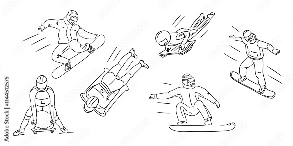 Obraz premium Hand drawn winter sports outline doodles with snowboarders, sledding, and athletes in dynamic action poses, showcasing energy and outdoor adventure. Vector outline drawing for coloring pages