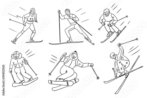 Hand drawn contour drawings set of skiing illustrations with skiers in action with dynamic poses, highlighting winter sports and movement. Vector winter sport outline drawing on white background