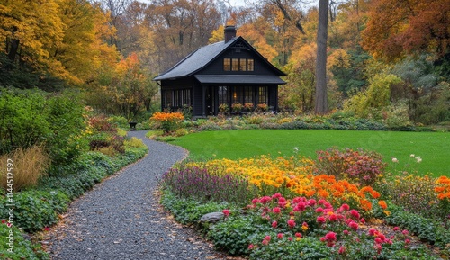 Colorful garden pathways lead to a quaint black cottage surrounded by vibrant...
