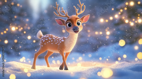 A cartoon deer is standing in the snow with its head up