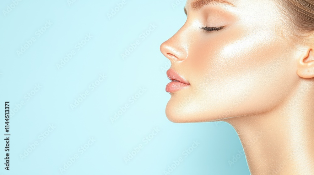 A serene profile of a woman showcasing glowing skin against a soft blue background, emphasizing beauty and elegance. A serene profile of a woman showcasing glowing skin against a soft blue background, emphasizing beauty and elegance.
