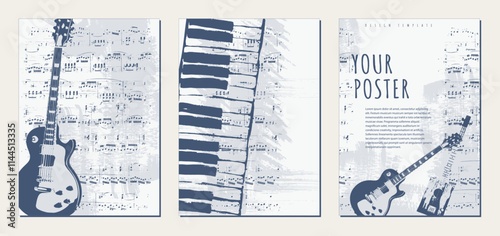 Musical texture backgrounds. Set of vintage background templates with guitar, piano keys, cigar box guitar and sheet music. Abstract brush strokes with paint texture. Vector.