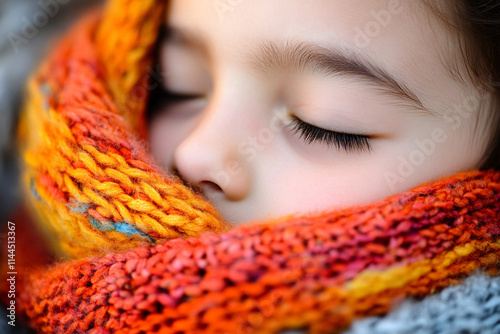 A close-up photo of a child resting peacefully with eyes closed wrapped in a colorful, knitted scarf showing warm tones and serene expression photo