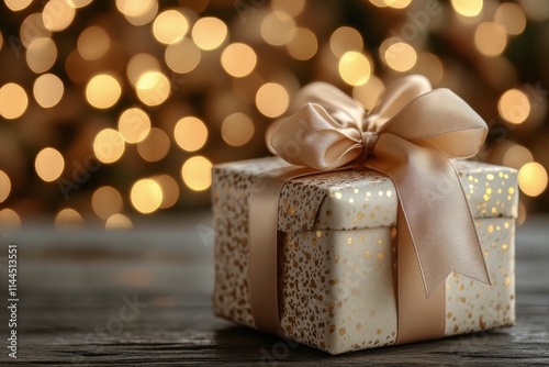 Elegant gold-wrapped gift box adorned with a shimmering bow against a backdro...