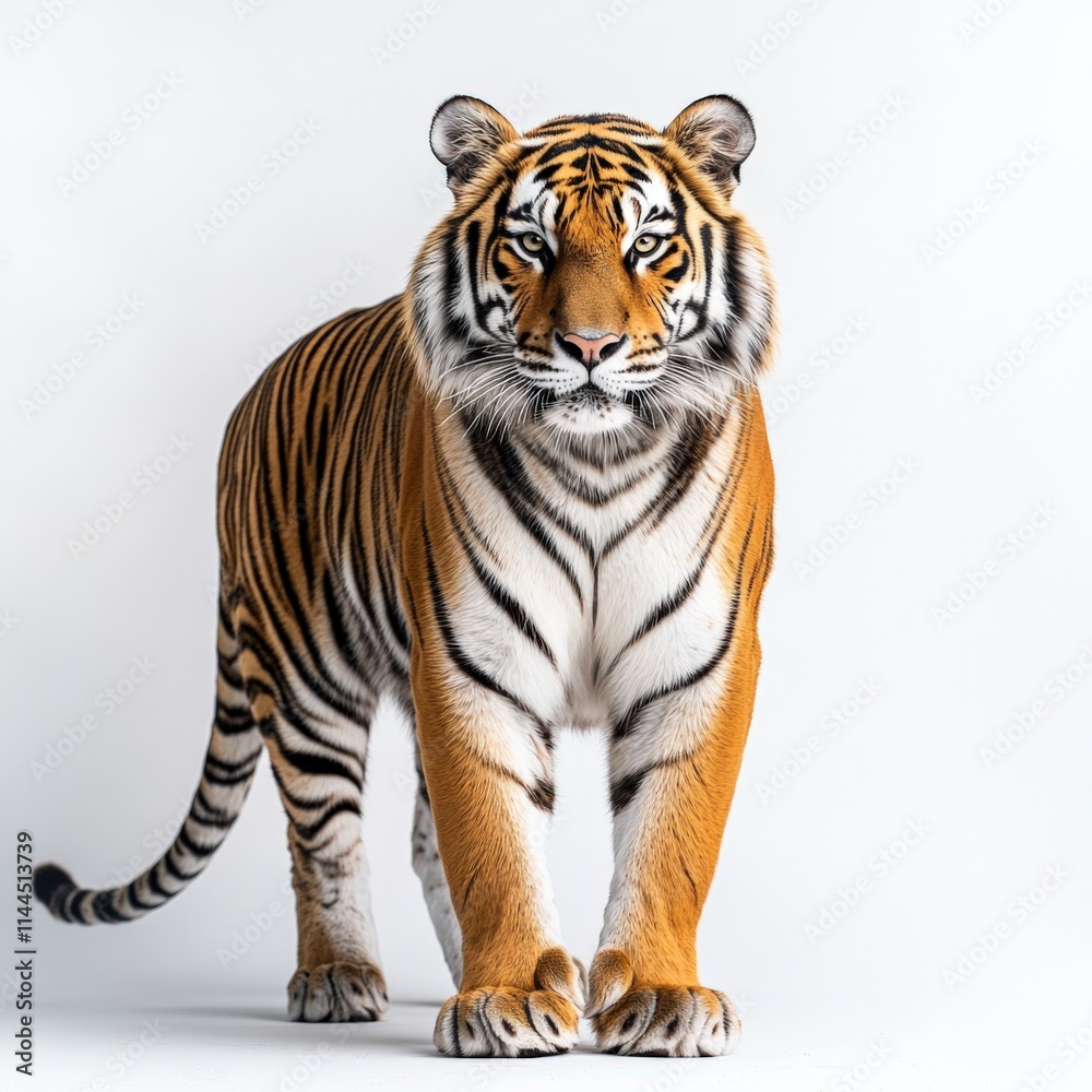 A full view of a tiger standing against a white background A full view of a tiger standing against a white background