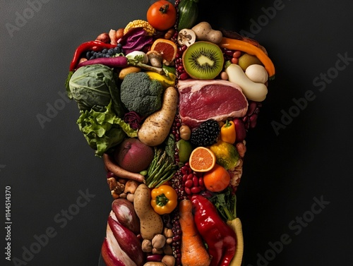 A man body with fruits , meat ,vegetables inside, healthy food concept